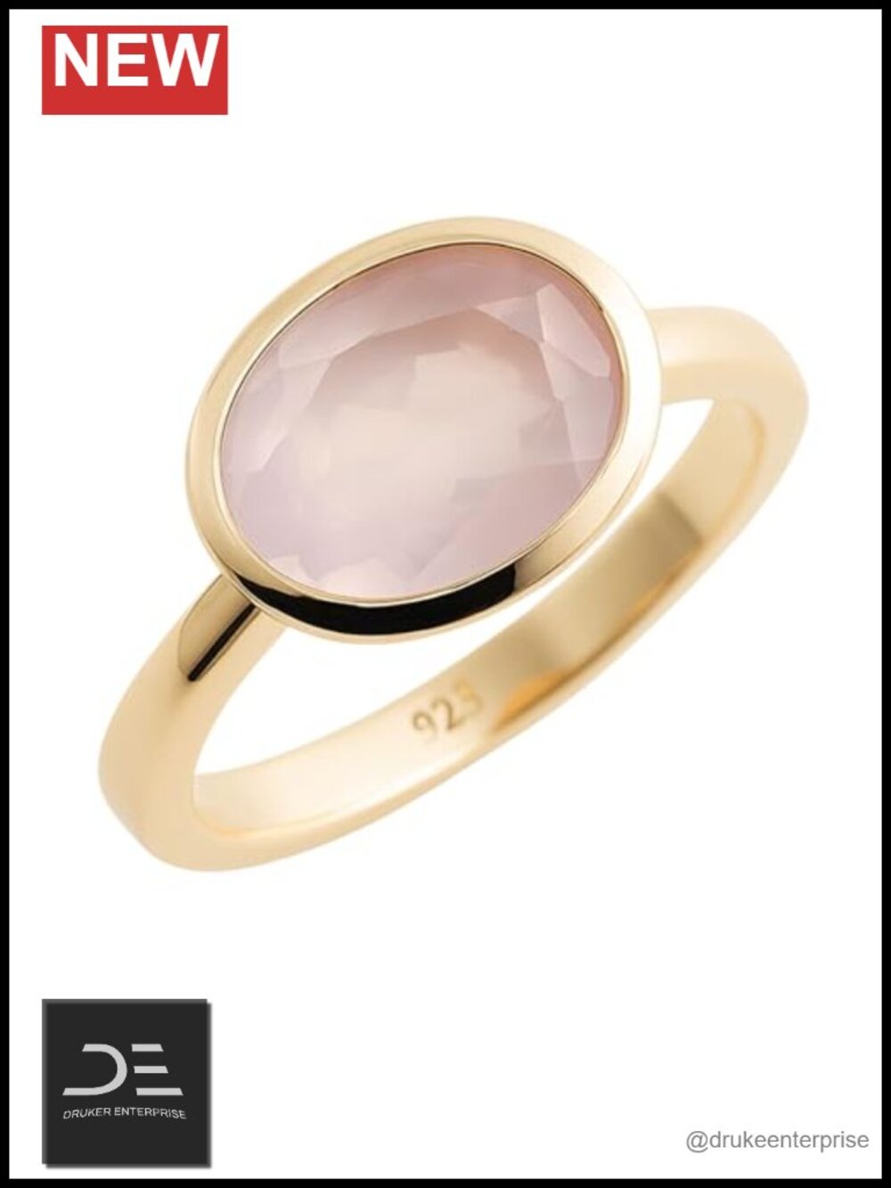 Oval Rose Quartz Ring 8x10mm 925 Sterling Silver 3 Micron Gold Plated Handmade